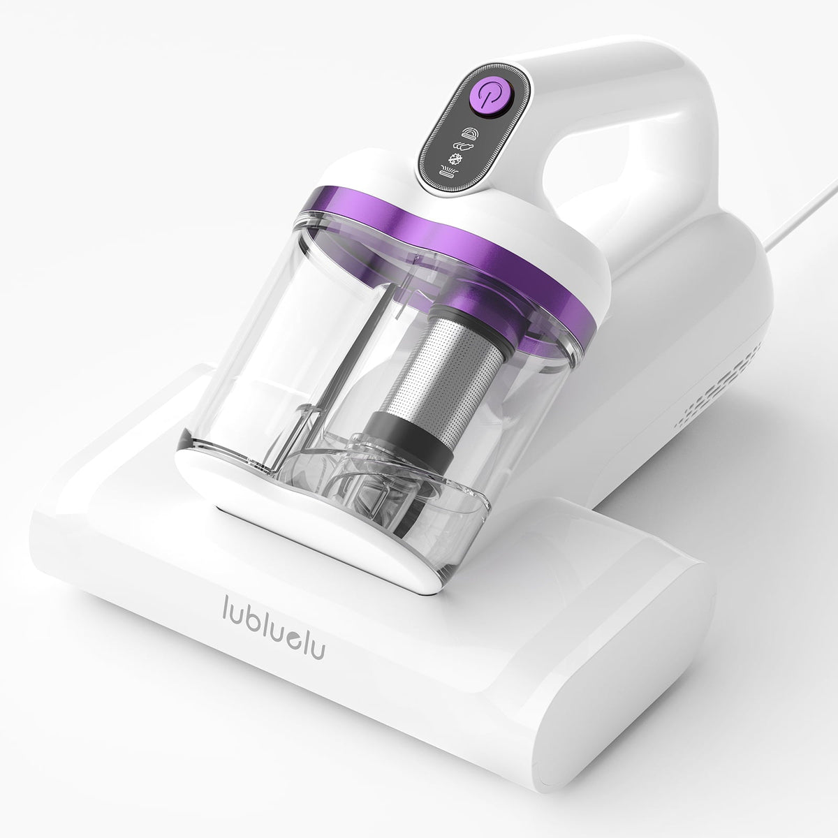 Handheld vacuum cleaner with clear dustbin and purple accents on a white background