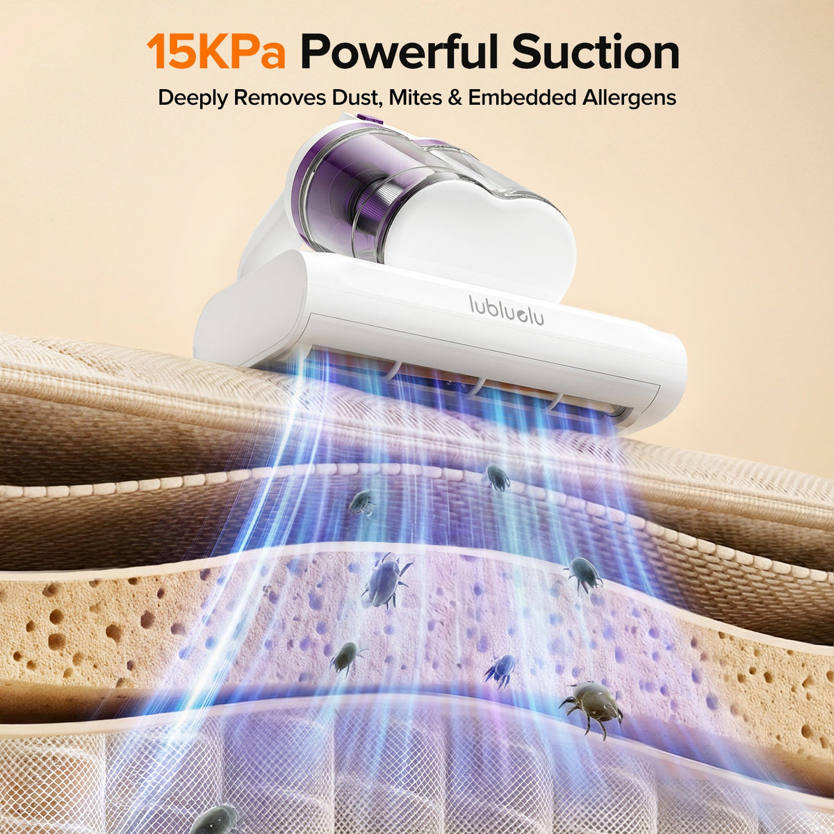 Vacuum cleaner with 15KPa suction power removing dust, mites, and allergens from a surface.