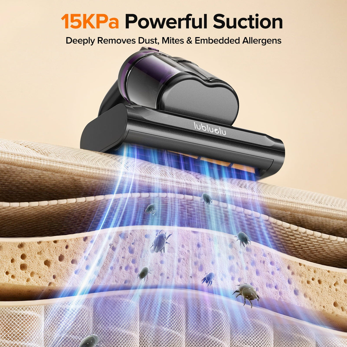 Vacuum cleaner head with 15KPa suction power removing dust, mites, and allergens from a surface.