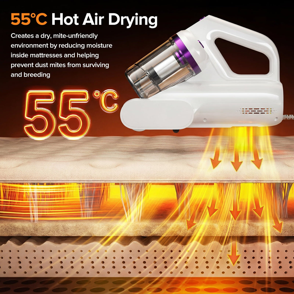 Hot air dryer being used on a mattress with text about hot air drying and temperature.