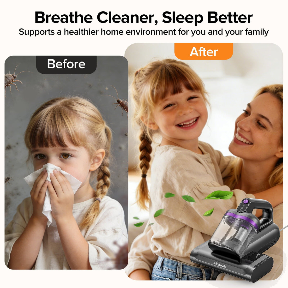 Before and after comparison of a child with allergies using a cleaner, with a happy family scene afterward.