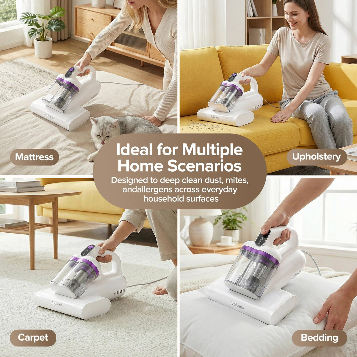 Person using a handheld vacuum cleaner on various surfaces in a living room setting.