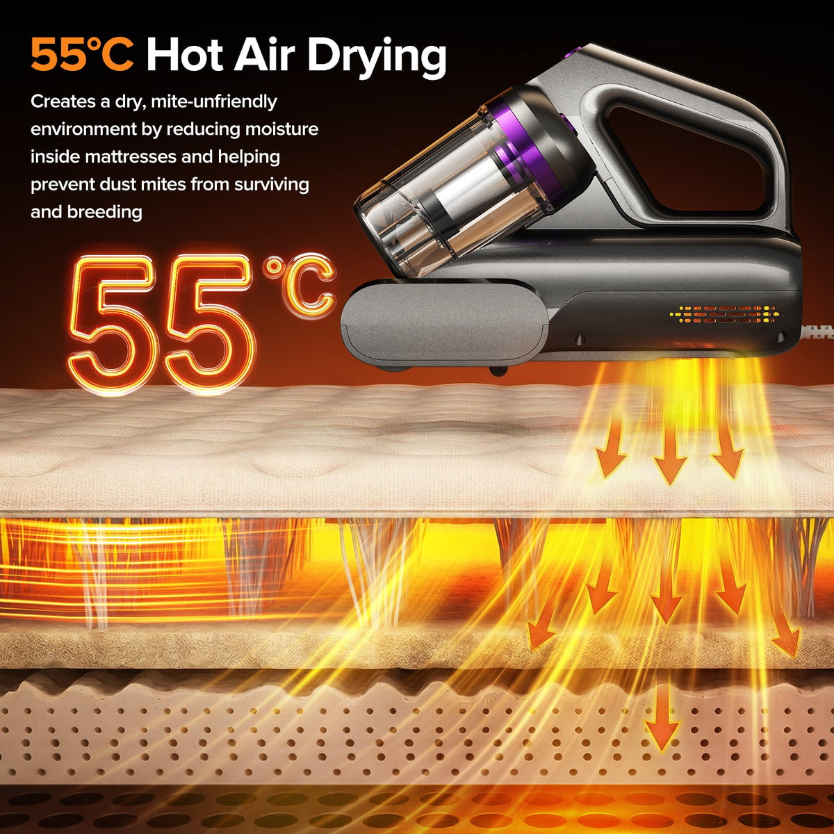 Hot air dryer with 55°C temperature display on a mattress, showing heat transfer.
