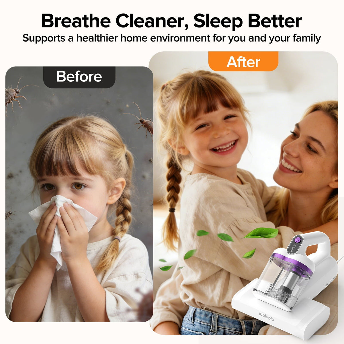 Before and after comparison of a child with allergies using a cleaner, with a happy family scene and cleaner in the background.