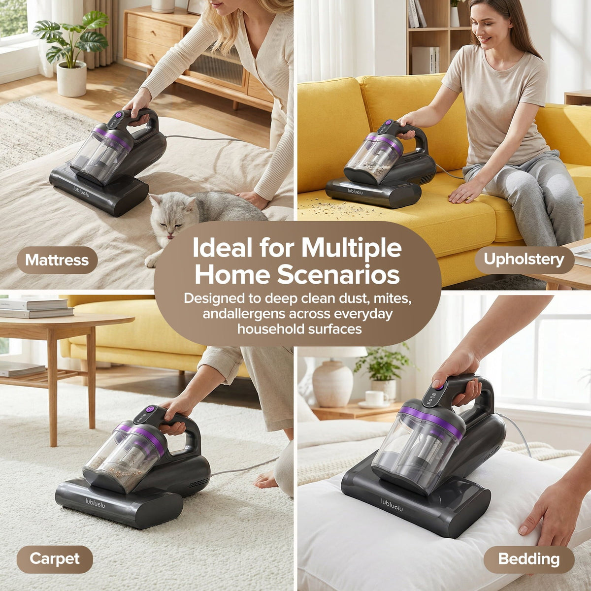 Person using a handheld vacuum cleaner in various home scenarios including mattress, upholstery, carpet, and bedding.